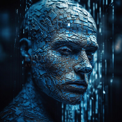 Face, tech and man with creativity, futuristic and connection with data analysis, network and abstract. Human head, robotic and artificial intelligence with future setup or metaverse on dark backdrop