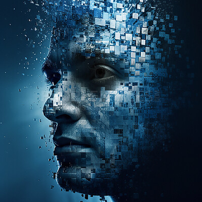 Face, abstract and futuristic with science, connection and networking on blue backdrop. Future, human facial and technology to connect, data analysis and communication with artificial intelligence