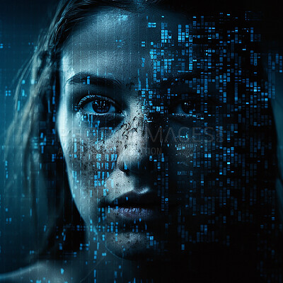 Portrait, ai and overlay with a digital woman in studio on a dark background for 3d information technology. Face, future and cyber space with a female hologram interface as a dashboard for security