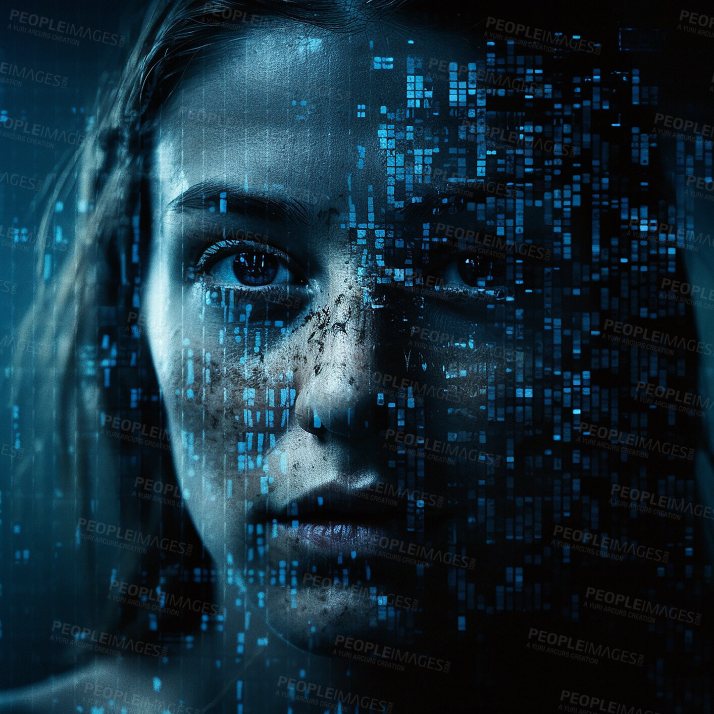 Buy stock photo Portrait, ai and overlay with a digital woman in studio on a dark background for 3d information technology. Face, future and cyber space with a female hologram interface as a dashboard for security