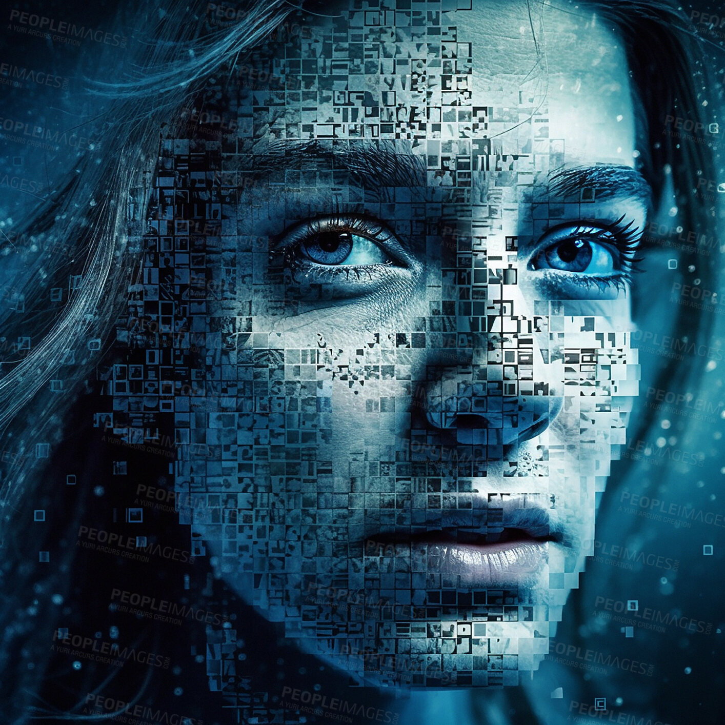 Buy stock photo Face, ai and overlay with a digital woman in studio on a dark background for 3d information technology. Portrait, future and cyber space with a female hologram interface as a dashboard for security