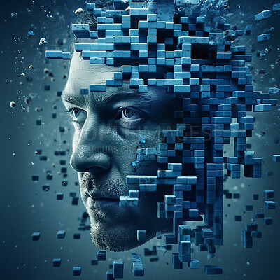 Face, abstract and futuristic with innovation, cubes or technology with robotics, connection or network. Minimalistic design, human head or artificial intelligence with future development or artistic