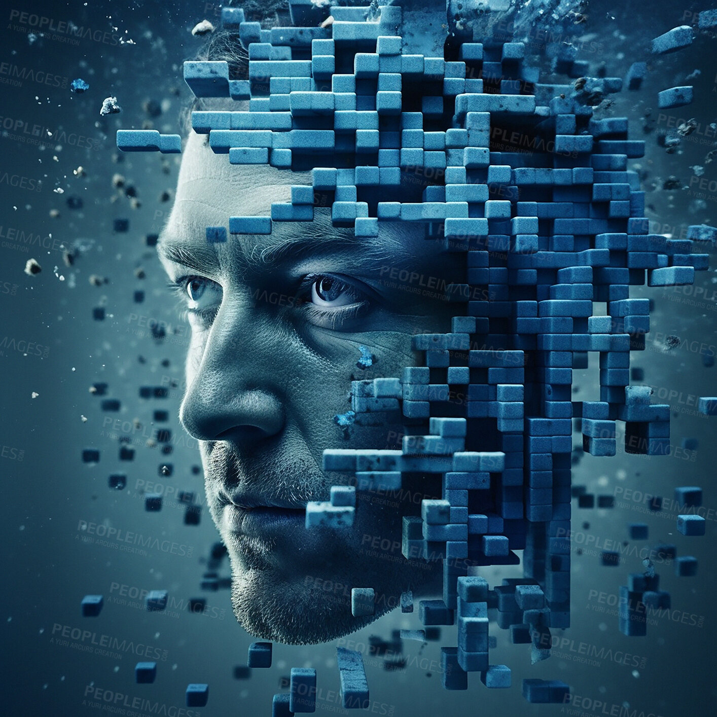 Buy stock photo Face, abstract and futuristic with innovation, cubes or technology with robotics, connection or network. Minimalistic design, human head or artificial intelligence with future development or artistic