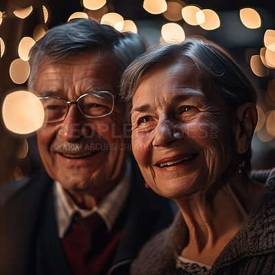 Love, romance and old couple with smile and bokeh on romantic evening celebration together. Outdoor date, retirement and happy man with senior woman in relationship or ai generated marriage