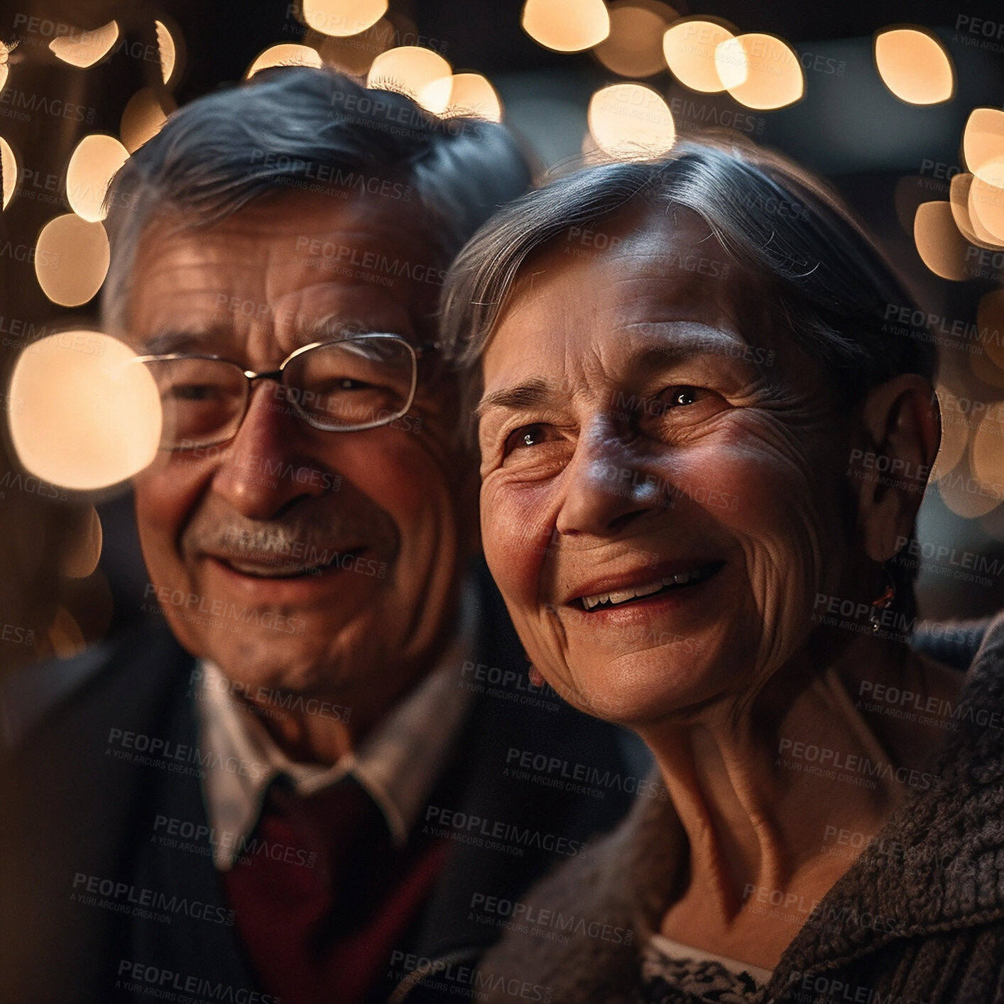 Buy stock photo Love, romance and old couple with smile and bokeh on romantic evening celebration together. Outdoor date, retirement and happy man with senior woman in relationship or ai generated marriage