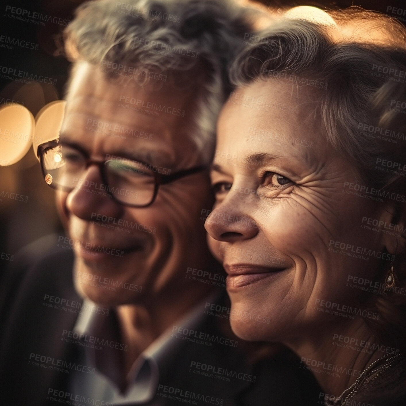 Buy stock photo Love, old woman and man with smile on face, bokeh and romantic evening anniversary date together. Retirement, health and senior couple in mature, happy relationship or ai generated marriage at night