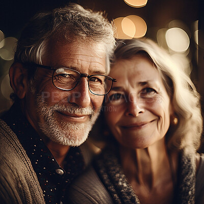 Love, date at night and portrait of senior couple with smile and bokeh on romantic evening celebration together. Romance, retirement and happy man and woman in relationship or ai generated marriage