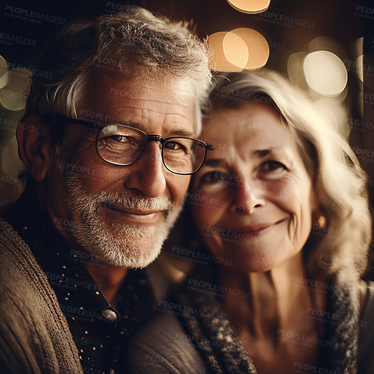 Buy stock photo Love, date at night and portrait of senior couple with smile on face and bokeh on romantic evening celebration. Romance, retirement and happy man and woman in relationship or ai generated marriage