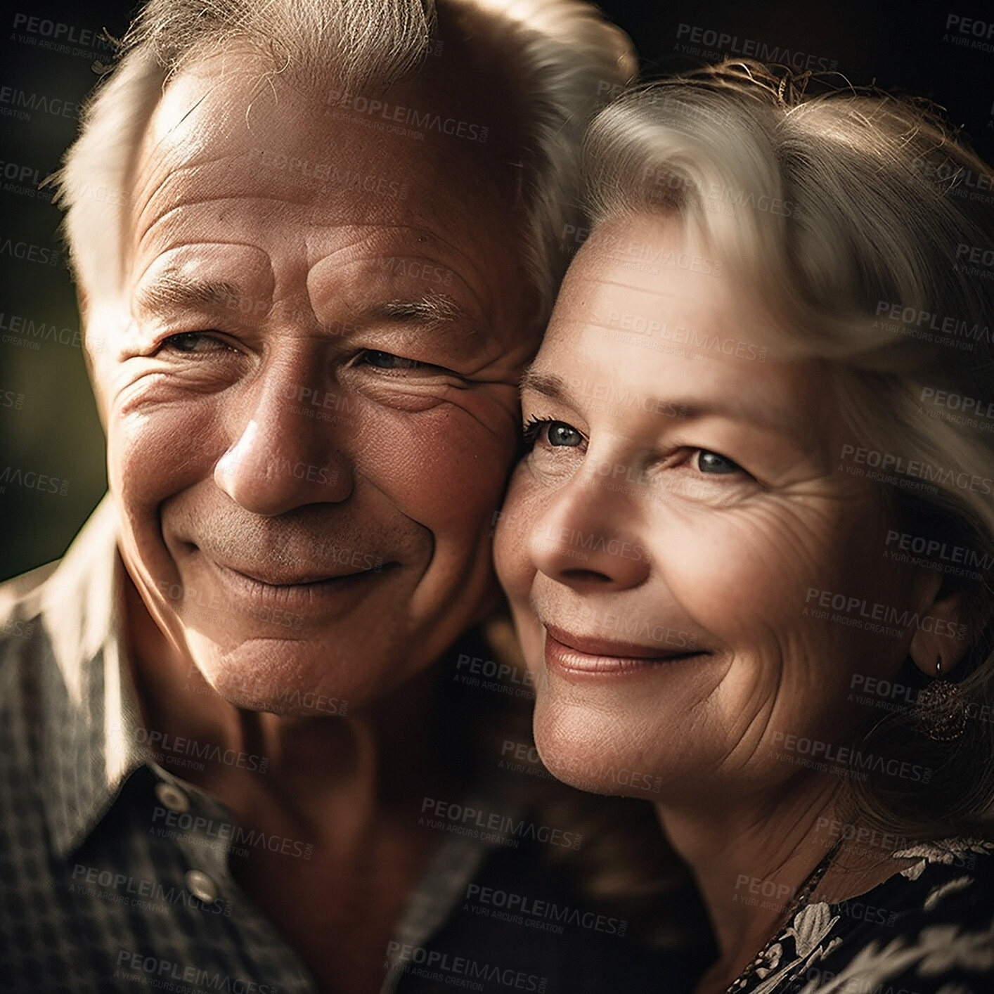 Buy stock photo Love, face and old couple in embrace with smile, happiness and romantic evening celebration together. Romance, retirement and happy man with woman in relationship anniversary or ai generated marriage