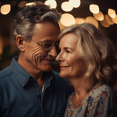 Love, date night and senior couple with smile and bokeh on romantic evening celebration together. Romance, retirement and happy man with woman in relationship anniversary or ai generated marriage