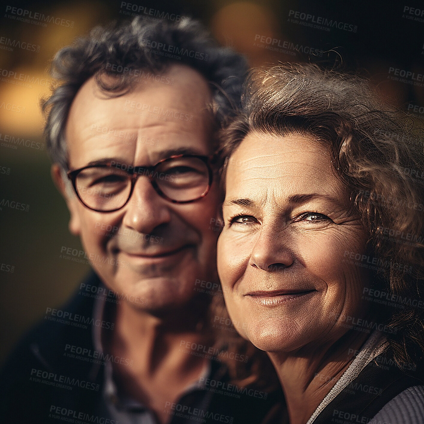 Buy stock photo Love, smile and portrait of mature couple with bokeh on romantic evening celebration together. Date, retirement and face of happy man with senior woman in relationship or ai generated marriage