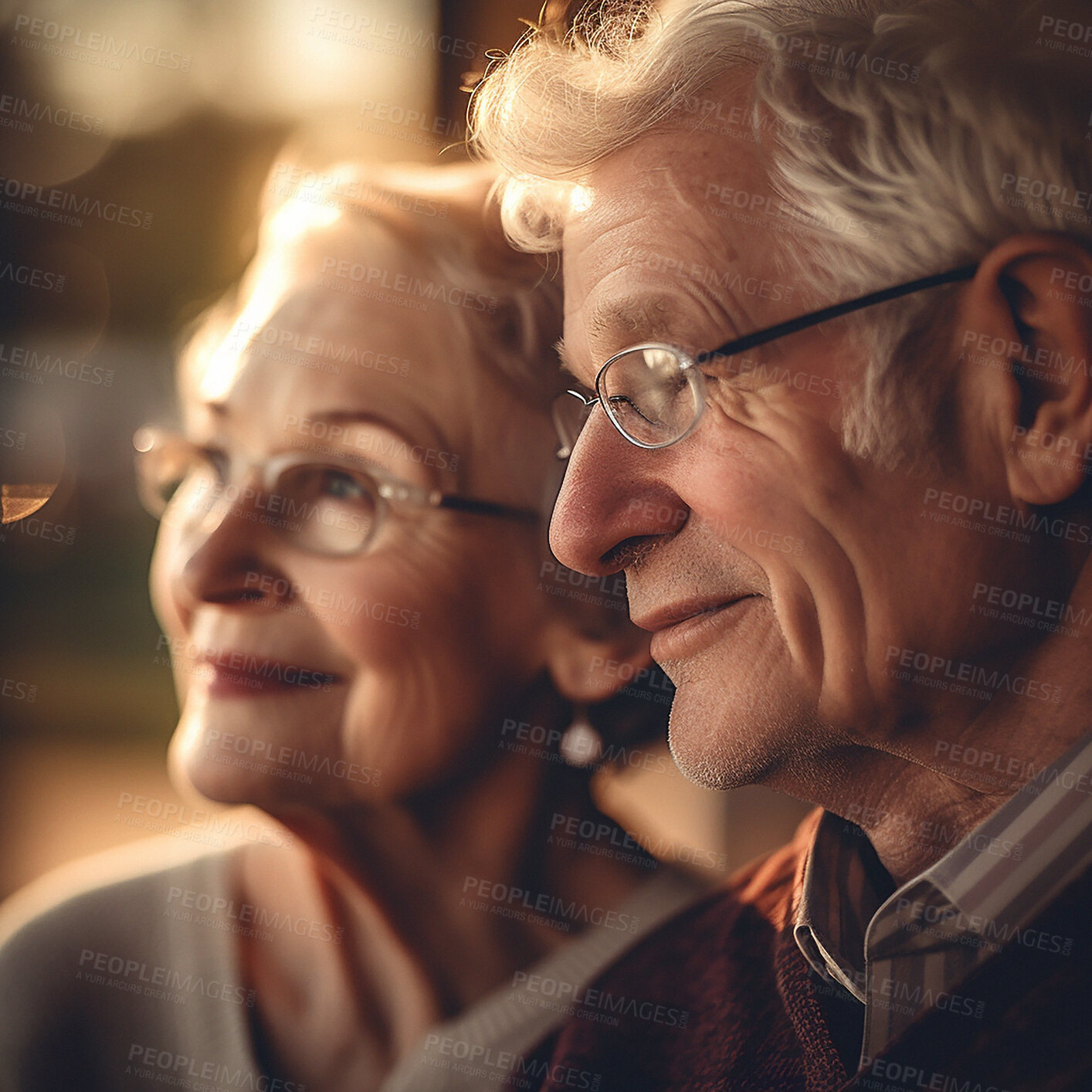 Buy stock photo Love, smile and mature couple with bokeh, glasses and romantic evening celebration in profile. Romance, retirement and face of happy man with senior woman in relationship or ai generated marriage