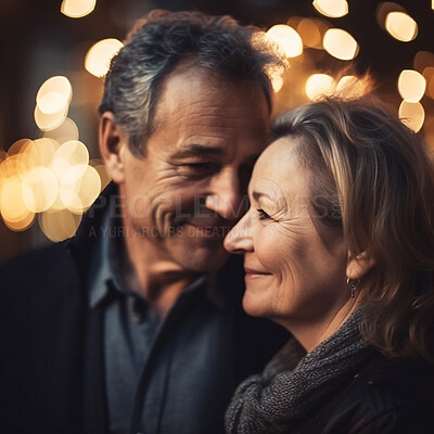 Love, romance and mature couple with smile on face, bokeh and romantic evening anniversary celebration together. Retirement, senior man and old woman in happy relationship or marriage as ai generated