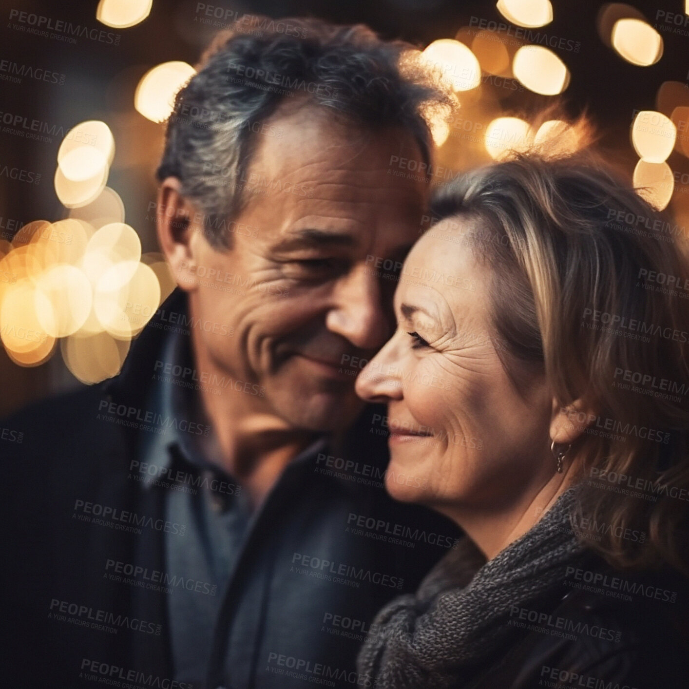 Buy stock photo Love, romance and mature couple with smile on face, bokeh and romantic evening anniversary celebration together. Retirement, ai generated senior man and old woman in happy relationship or marriage.