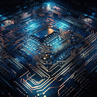 Closeup, cpu and digital circuit with microchip, hardware and information technology coding. IT, data science and computer system with process, programming and cyber security for mock up in night