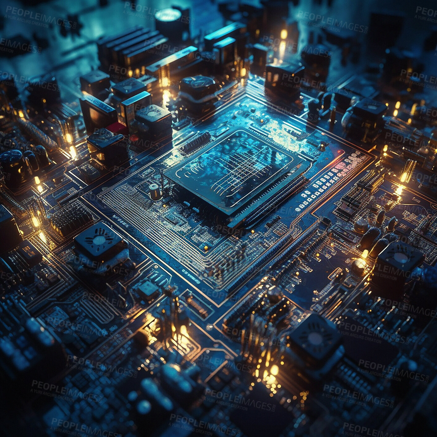 Buy stock photo Closeup, ai generated and digital circuit with microchip, hardware and information technology coding. IT, data science and computer system with motherboard, programming and cyber security database