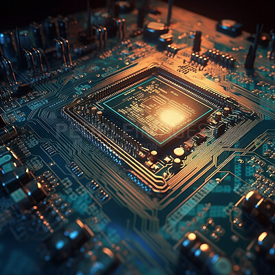 Closeup, cpu and motherboard with circuit, microchip and hardware for information technology. IT, data science and computer system with process, programming and cybersecurity for mock up in night
