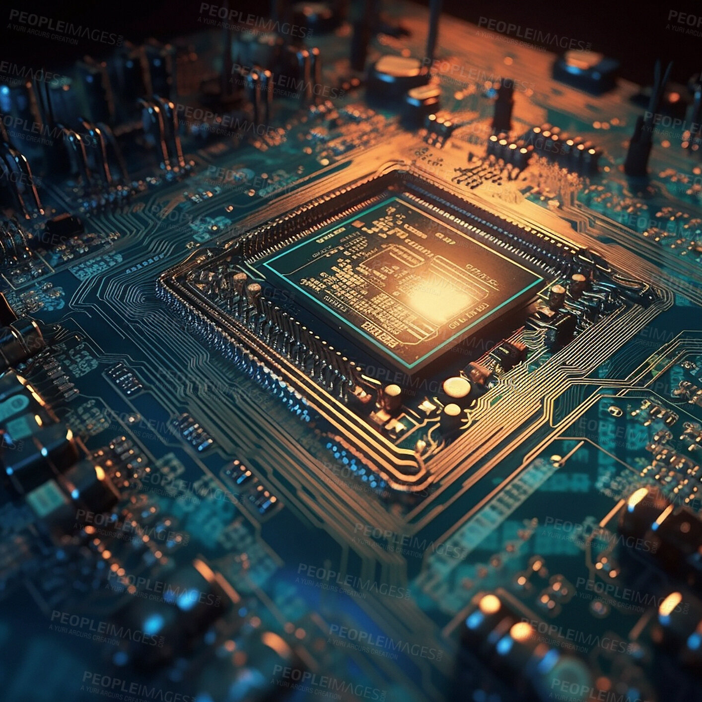 Buy stock photo Closeup, cpu and motherboard with circuit, microchip and hardware for information technology. IT, data science and computer system with process, programming and cybersecurity for digital background