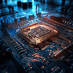 Closeup, cpu and digital microchip in computer, hardware and information technology with coding. IT, data science and system with process, programming and cybersecurity innovation for mockup in night