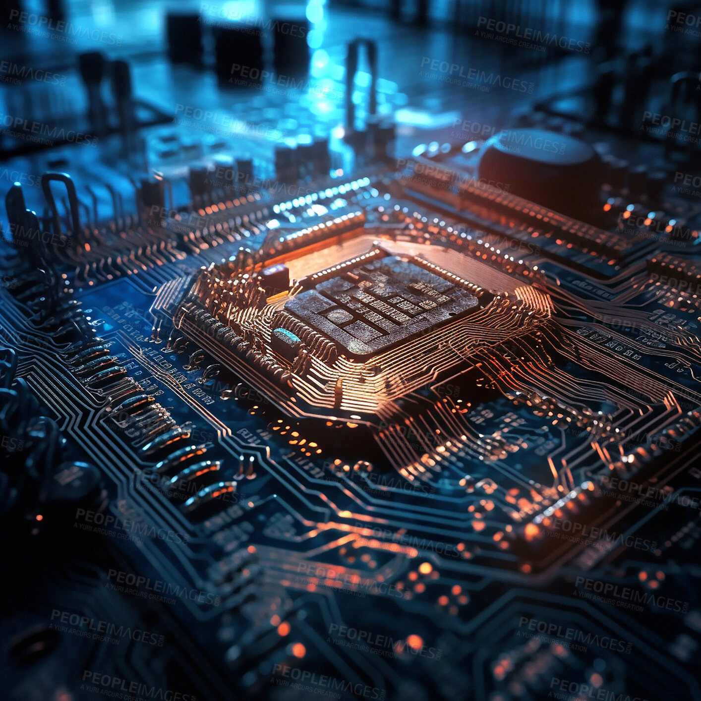 Buy stock photo Closeup, cpu and digital microchip in computer, hardware and information technology with coding. IT, data science and system with process, programming and cybersecurity innovation for mockup in night