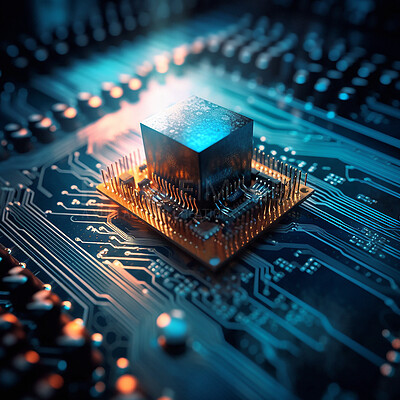 Computer hardware, CPU and circuit board with microchip, technology abstract and motherboard closeup. Cyber tech, cloud computing and processor, AI and digital drive with pc system and electronics