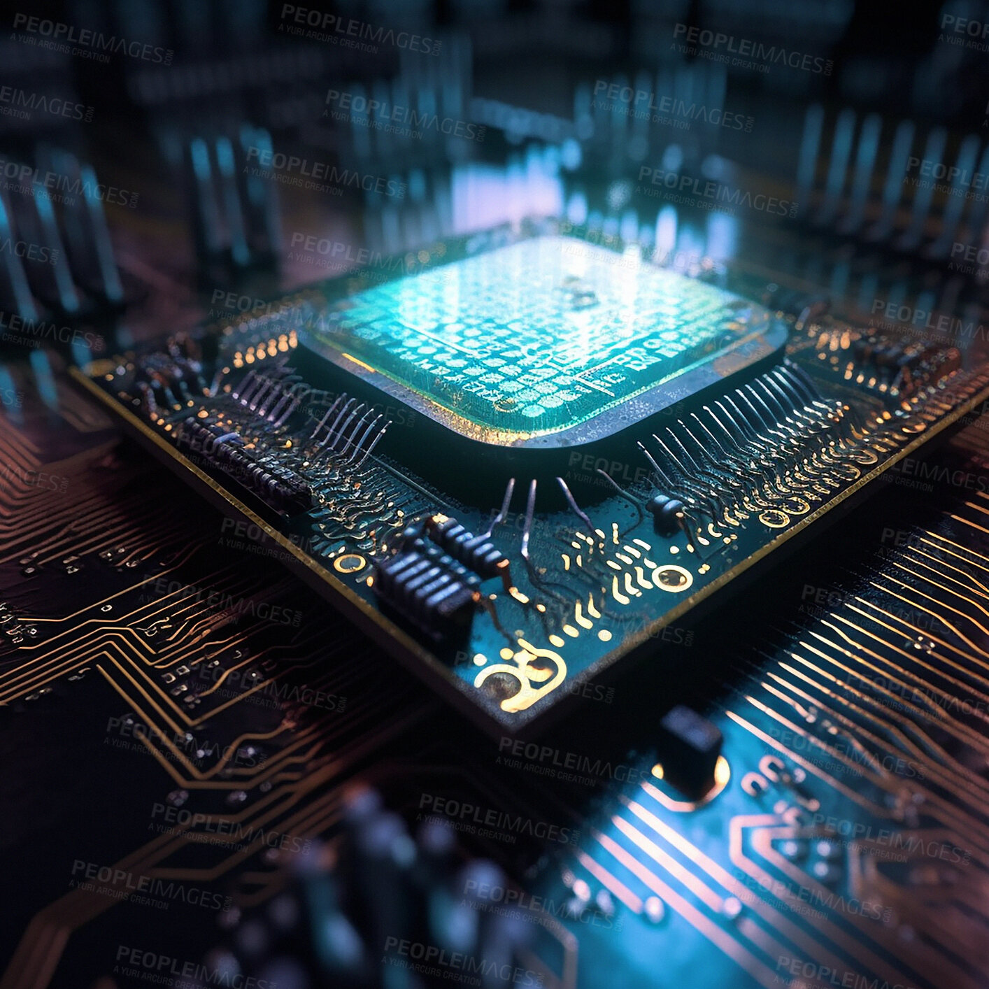 Buy stock photo Computer hardware, CPU and microchip with technology abstract, processor and motherboard closeup. Cyber tech, cloud computing and circuit board, AI and digital drive with pc system and electronics