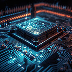 Computer hardware, CPU and circuit board with technology abstract, microchip and motherboard closeup. Cyber tech, cloud computing and processor, AI and digital drive with pc system and electronics