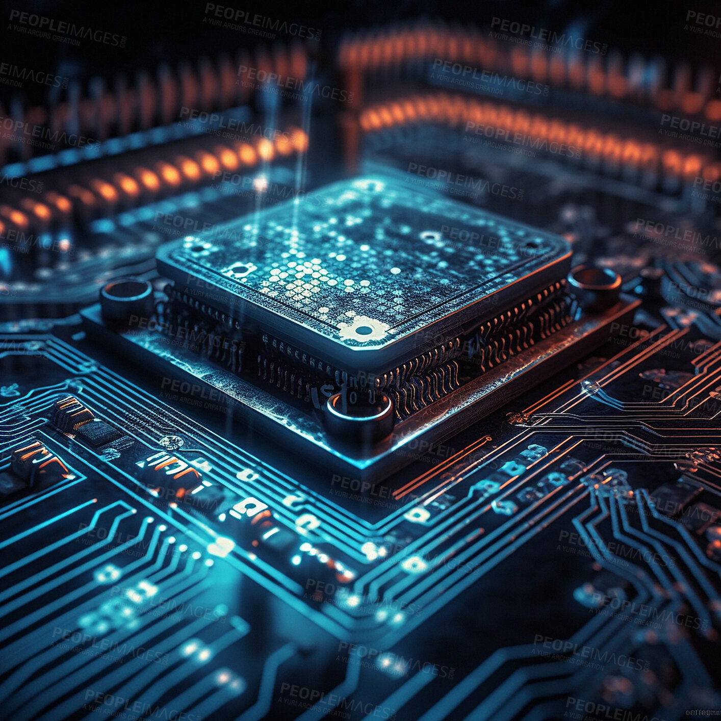 Buy stock photo Computer hardware, CPU and circuit board with technology abstract, microchip and motherboard closeup. Cyber tech, cloud computing and processor, AI and digital drive with pc system and electronics