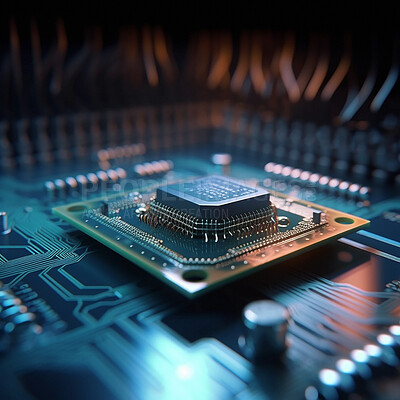 Microchip, motherboard and computer hardware, CPU and circuit board with technology and closeup. Cyber tech, cloud computing and processor, AI and digital drive with pc system and electronics
