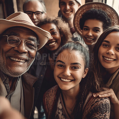 Family, face portrait and diversity selfie or smile with children, parents and grandparents bonding. Senior men, women and kid group happy for support, security and time with love and care on holiday
