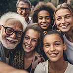 Big family, portrait and diversity selfie or smile with children, parents and grandparents bonding. Senior man, woman and girl kid group for support, security and time with love and care on holiday