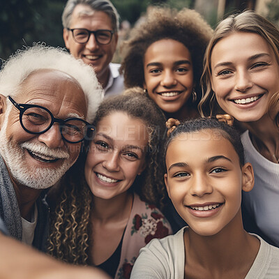 Big family, portrait and diversity selfie or smile with children, parents and grandparents bonding. Senior man, woman and girl kid group for support, security and time with love and care on holiday