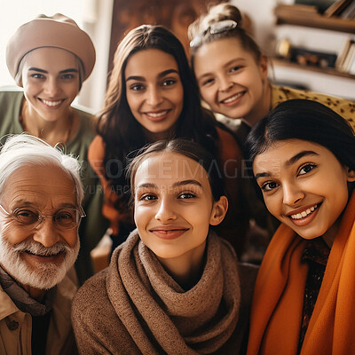Portrait, indian family with a senior man and grandchildren in the living room of a home during a visit. Love, happy and a grandfather posing together with a group of girl relatives in their house