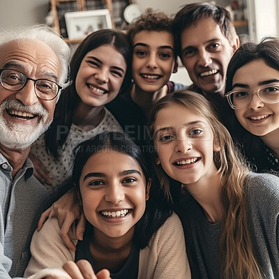 Face, family portrait and smile selfie with children, parents and grandparents bonding. Senior men, women and kid group or people happy for support, security and time with love and care on holiday