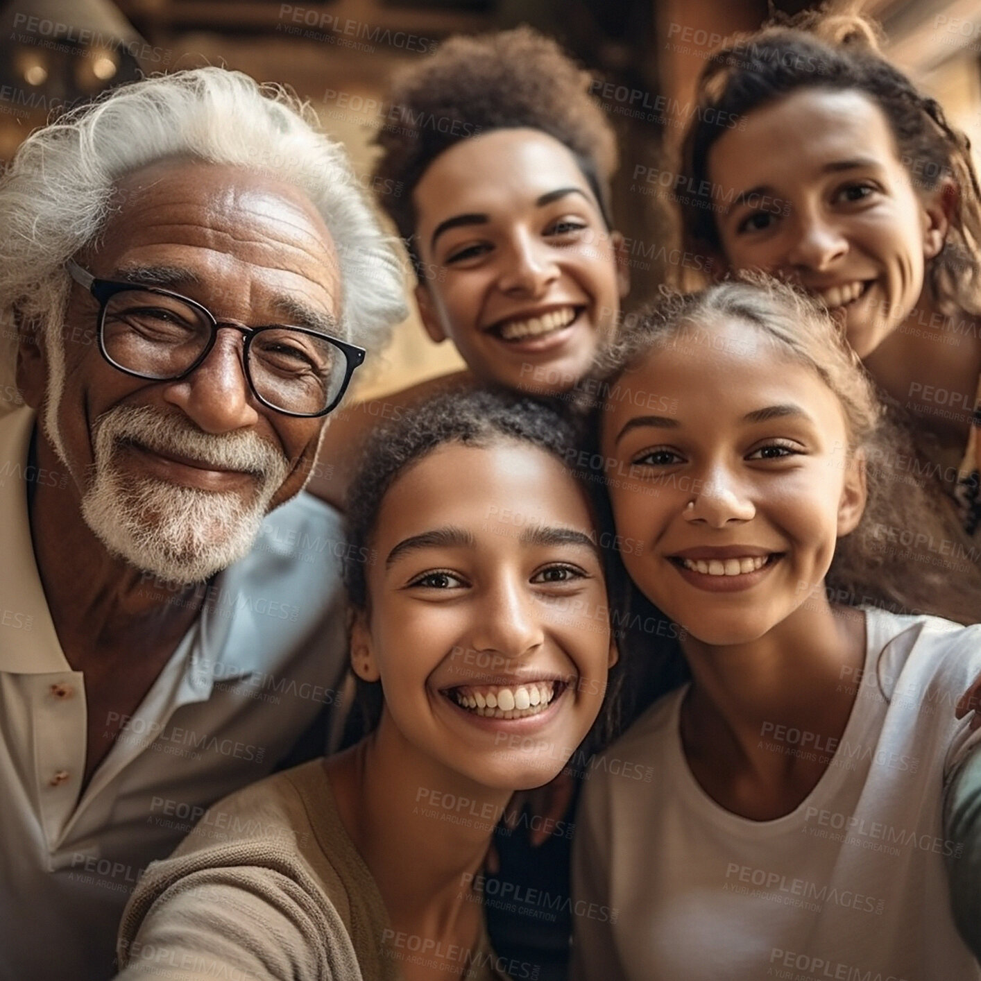 Buy stock photo Smile, selfie and portrait of family in home for relaxing, bonding and together on weekend. Retirement, multicultural and faces of ai generated grandparents, parents and kids take picture for memory