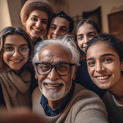 Family, portrait and diversity selfie with happy children and grandpa bonding in home. Senior man and teenage kid group smile for support, security and quality time or love and care ai generated