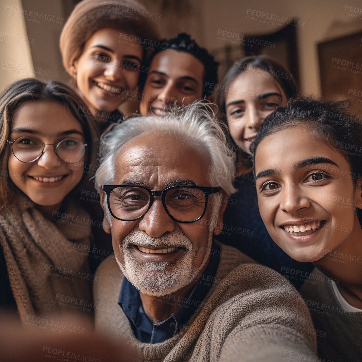 Buy stock photo Family, portrait and grandfather selfie with happy children and grandpa bonding in home. Senior man and teenage kid group with smile on ai generated faces for support and memories with love and care