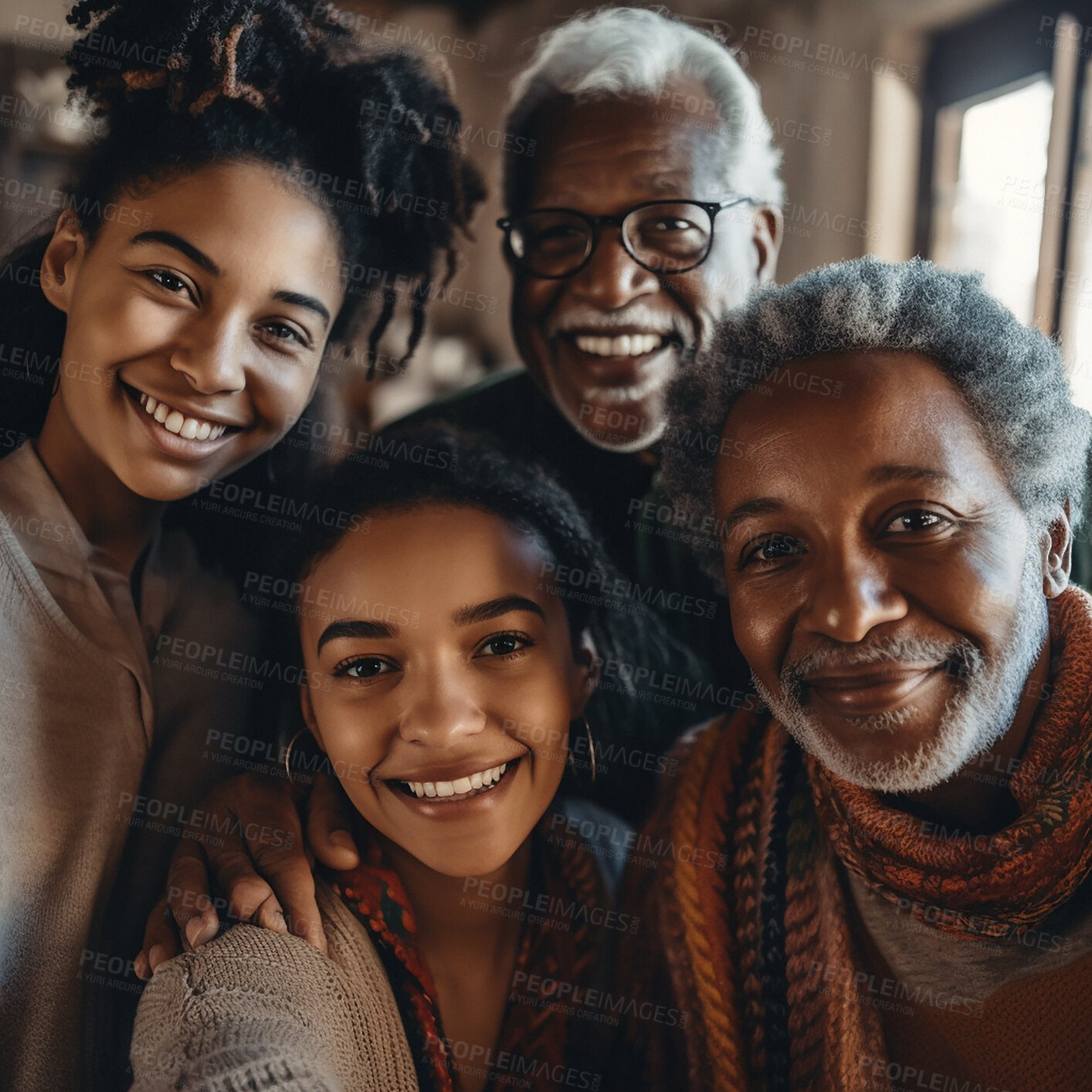 Buy stock photo Selfie, portrait and black family with smile at home for digital art, futuristic app and 3d creative photo. Happy, grandparents and children faces in picture, ai generated people or augmented filter