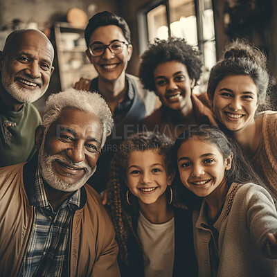 Family, portrait and diversity smile selfie with children, parents and grandparents bonding. Senior men, women and kid group happy for support, home and quality time or love and care ai generated