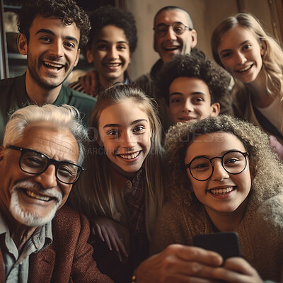 Ai, selfie and portrait of family smile with digital art, futuristic app and 3d photo filter at home. Technology, diversity and augmented faces of happy children, parents and grandparents for picture