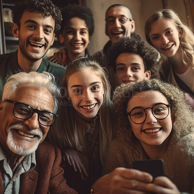 Buy stock photo Happy, selfie and portrait of family smile at home for bonding, relaxing and quality time together. Multicultural, generations and ai generated faces of children, parents and grandparents for picture