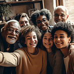 Family, portrait and diversity selfie with happy children, parents and grandparents bonding. Senior men, woman and kid group smile for support, security and quality time or love and care ai generated