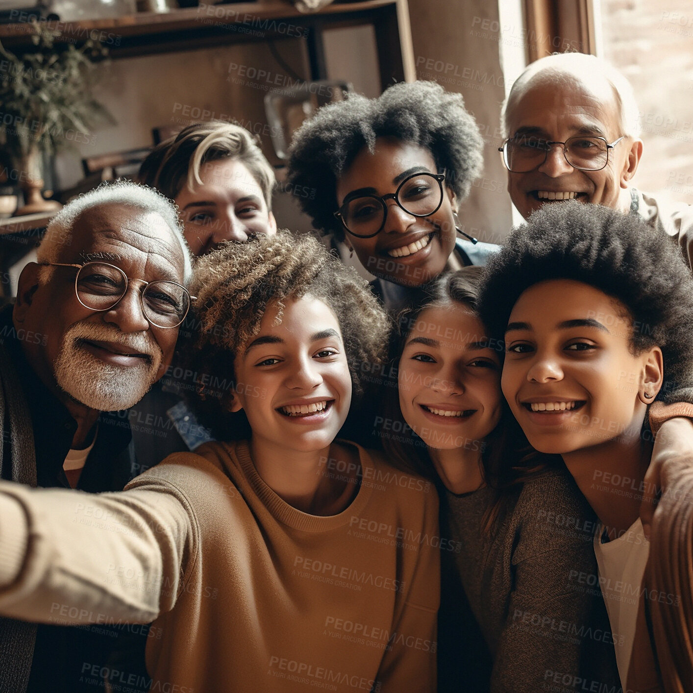 Buy stock photo Family, portrait and diversity selfie with happy children, parents and grandparents bonding at home. Senior men, woman and kid group smile for support, ai generated and faces of love and care