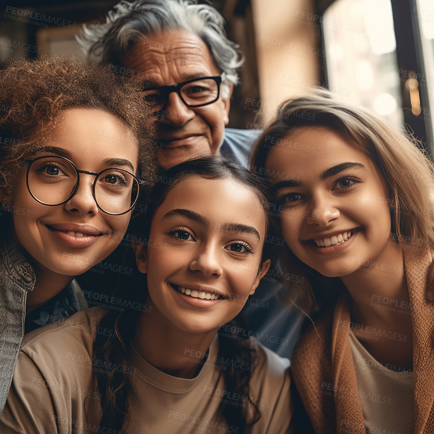 Buy stock photo Happy, selfie and portrait of grandparents and children at home in digital art, futuristic app and 3d photo filter. Family, faces and happy people smile for ai generated picture or augmented creative