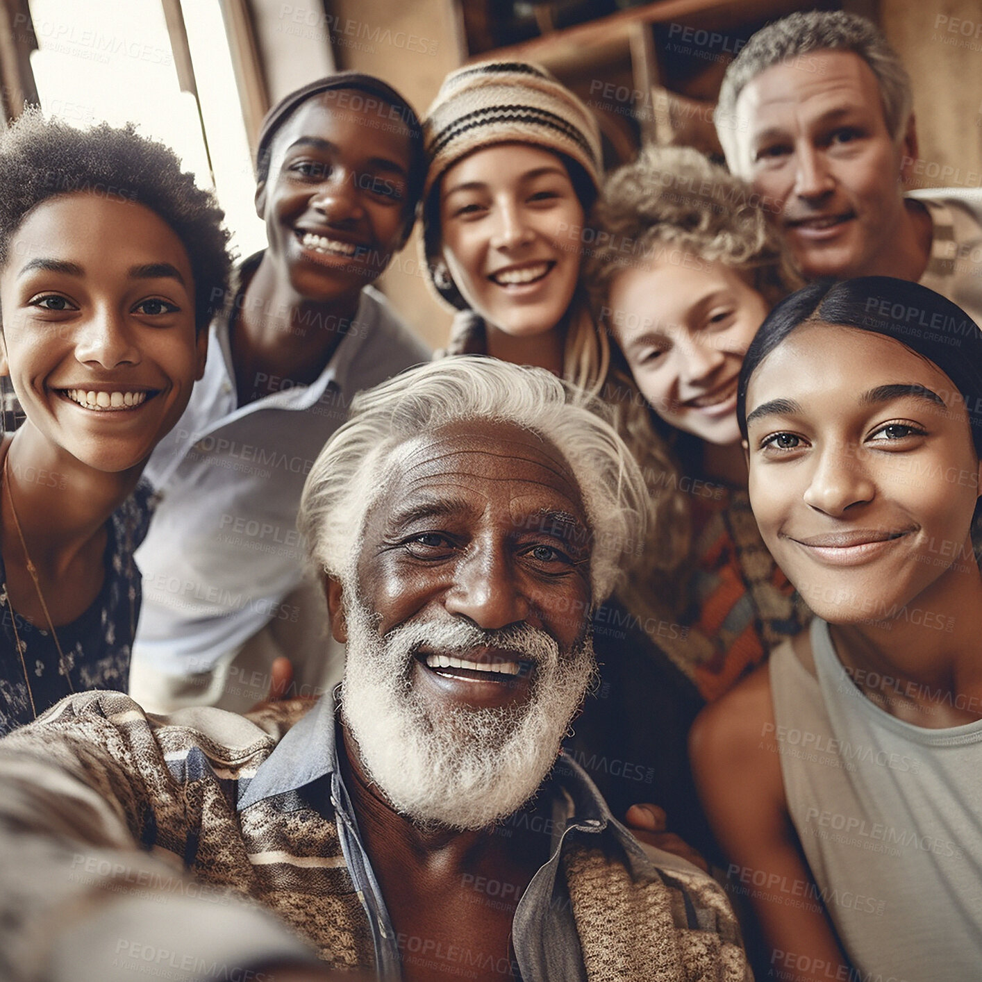 Buy stock photo Selfie, smile portrait and diversity family with children, parents and grandpa bonding. Senior man and kid group happy for support, security and time or love and care in ai generated foster home