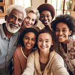 Family, smile portrait and diversity selfie with children, parents and grandparents bonding. Senior men, women and kid group happy for support, security and quality time with love and care on holiday