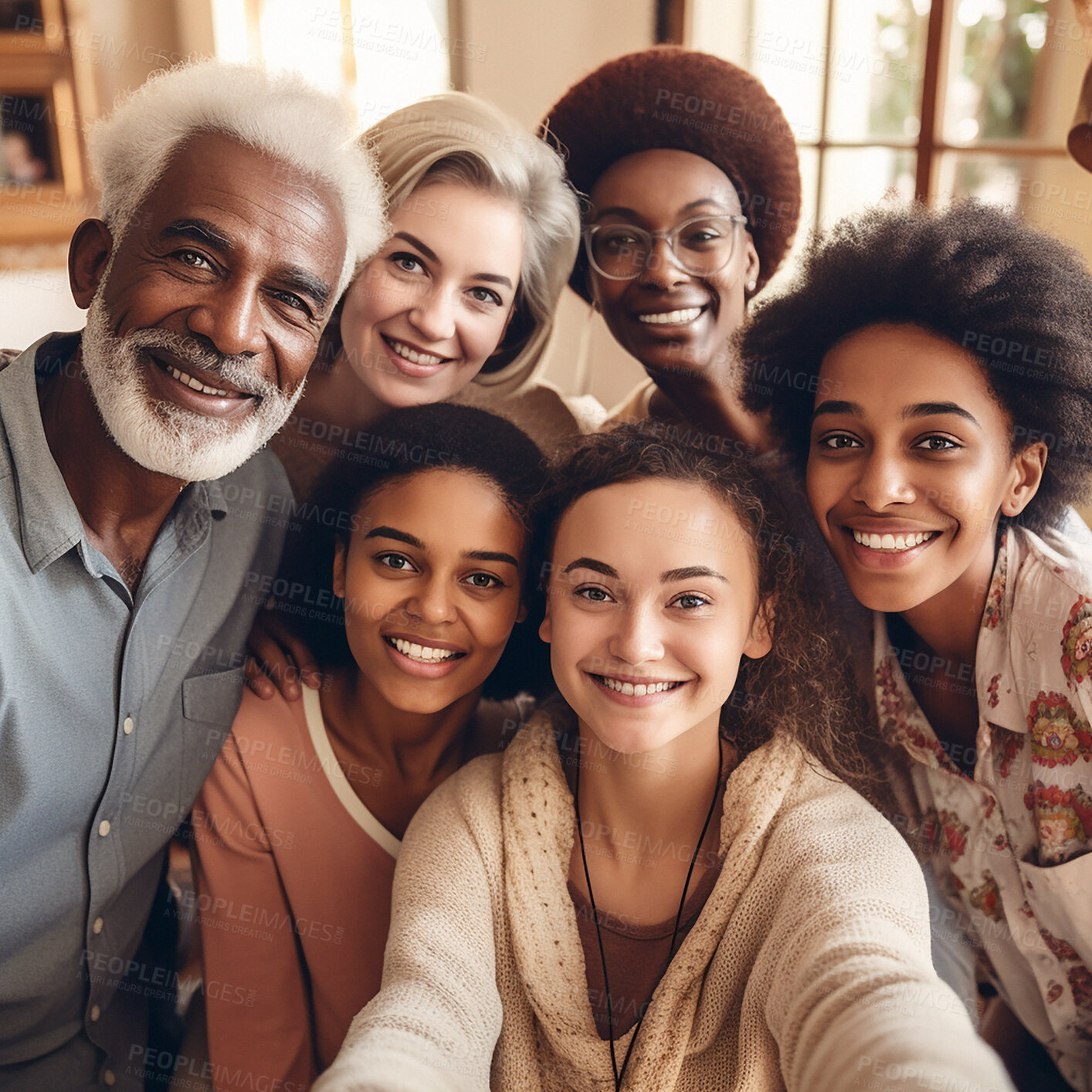 Buy stock photo Family, smile portrait and diversity selfie with children, parents and grandparents bonding. Senior men, women and kid group happy for support, security and quality time or love and care ai generated