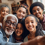 Happy portrait, family and diversity selfie or smile with children an grandpa bonding home. Senior man and girl kid group happy for support, security and quality time with love and care on holiday