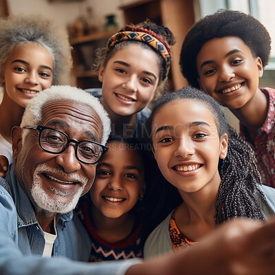 Happy portrait, family and diversity selfie or smile with children an grandpa bonding home. Senior man and girl kid group happy for support, security and quality time with love and care on holiday