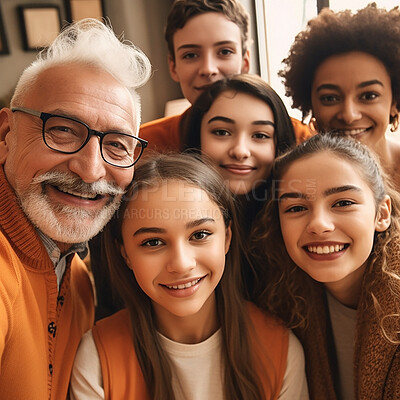Family, smile and diversity portrait or selfie with children, parents and grandparents bonding. Senior man, women and kid group happy for support, security and time with love and care on holiday